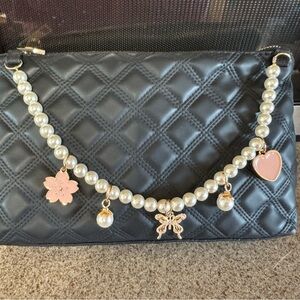 Black Quilted Pearl-Chain Shoulder Bag with Pink Charms